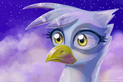 Size: 1200x800 | Tagged: safe, artist:kp-shadowsquirrel, character:gilda, species:griffon, cloud, cloudy, female, night, night sky, shocked, solo, stars