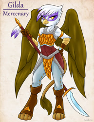 Size: 1275x1650 | Tagged: safe, artist:ambris, character:gilda, species:anthro, species:griffon, adventuring is magic, armor, clothing, colored pupils, female, glaive, looking at you, mercenary, multiple variants, solo, spread wings, weapon, wings