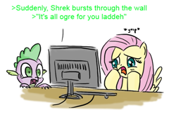 Size: 504x337 | Tagged: safe, artist:king-kakapo, edit, character:fluttershy, character:spike, computer, frown, gasp, greentext, open mouth, shocked, shrek, shrek is love shrek is life, squishy cheeks, text, text edit