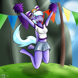 Size: 1500x1500 | Tagged: safe, artist:novaspark, character:lilac sky, species:anthro, 30 minute art challenge, belly button, cheerleader, clothing, midriff, pom pom, skirt, solo