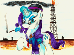 Size: 2500x1863 | Tagged: safe, artist:jamescorck, character:rarity, species:pony, species:unicorn, cigarette, cigarette holder, female, glasses, industrialist, industry, oil derrick, oil well, smoking, solo
