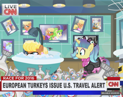Size: 800x630 | Tagged: safe, artist:pixelkitties, character:chickadee, character:mayor mare, character:ms. harshwhinny, character:ms. peachbottom, character:prince blueblood, alcohol, bagpipes o'toole, bath, bathroom, bathtub, cable news network, cnn, drunk, food, missing accessory, pixel pizazz, police tape, scotch, toilet, votehorse