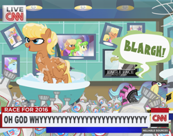 Size: 800x630 | Tagged: safe, artist:pixelkitties, character:chickadee, character:mayor mare, character:ms. harshwhinny, character:ms. peachbottom, character:prince blueblood, alcohol, bagpipes o'toole, bath, bathroom, bathtub, cable news network, cnn, disgusted, high octane nightmare fuel, missing accessory, nightmare fuel, nightmare fuel in description, pixel pizazz, police tape, pruning, scotch, toilet, vomiting, votehorse, wat, why, wrinkles
