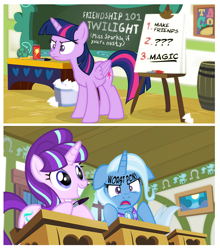 Size: 900x1021 | Tagged: safe, artist:pixelkitties, character:starlight glimmer, character:trixie, character:twilight sparkle, character:twilight sparkle (alicorn), species:alicorn, species:pony, chaurus, classroom, desk, egg, eye twitch, face doodle, female, food, frown, glare, grin, hilarious in hindsight, hoof hold, janet jackson, mare, marker, open mouth, sharpie, show accurate, smiling, south park, squee, step 4 profit, taco, that was fast, worst pony, writing