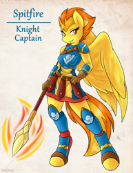 Size: 1275x1650 | Tagged: dead source, safe, artist:ambris, character:spitfire, species:anthro, species:pegasus, species:unguligrade anthro, g4, adventuring is magic, armor, clothing, colored pupils, female, mare, solo, spear, weapon, wings