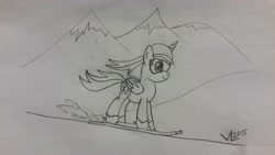 Size: 5312x2988 | Tagged: safe, artist:parclytaxel, oc, oc only, oc:parcly taxel, species:alicorn, species:pony, alicorn oc, beanie, clothing, goggles, hat, lineart, monochrome, mountain, mountain range, parcly in south korea, pencil drawing, pyeongchang, skiing, skis, snow, solo, south korea, story included, traditional art
