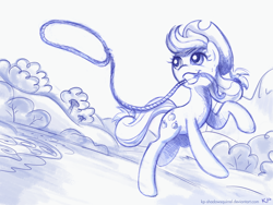 Size: 800x600 | Tagged: safe, artist:kp-shadowsquirrel, character:applejack, female, lasso, monochrome, mouth hold, solo