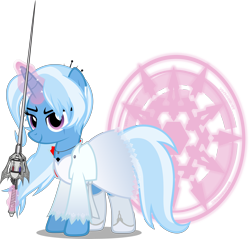 Size: 7835x7501 | Tagged: safe, artist:zacatron94, character:trixie, species:pony, species:unicorn, absurd resolution, clothing, cosplay, costume, female, glowing horn, halloween, holiday, magic, magic circle, mare, myrtenaster, nightmare night, nightmare night costume, rapier, rwby, scar, simple background, solo, sword, telekinesis, transparent background, vector, weapon, weiss schnee