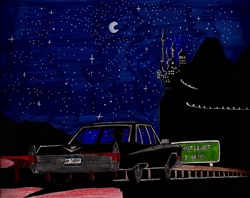 Size: 1666x1318 | Tagged: safe, artist:newyorkx3, species:human, cadillac, canterlot, car, grand galloping gala, highway, night, sign, traditional art