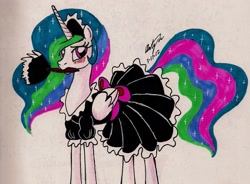 Size: 1539x1131 | Tagged: safe, artist:newyorkx3, character:princess celestia, blushing, clothing, duster, embarrassed, maid, traditional art