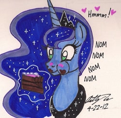Size: 728x707 | Tagged: safe, artist:newyorkx3, character:princess luna, bust, cake, cute, dialogue, eating, female, heart, hungry, nom, puffy cheeks, solo, traditional art
