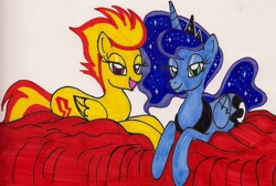 Size: 900x604 | Tagged: safe, artist:newyorkx3, character:princess luna, character:spitfire, bedroom eyes, traditional art
