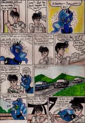Size: 1469x2107 | Tagged: safe, artist:newyorkx3, character:princess luna, non-mlp oc, oc, oc:tommy, self insert, species:alicorn, species:human, species:pony, car, comic, dialogue, drunk, drunk luna, female, hiccup, highway, male, mare, onomatopoeia, traditional art, vomiting