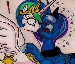 Size: 952x811 | Tagged: safe, artist:newyorkx3, character:princess celestia, character:princess luna, species:alicorn, species:pony, ship:princest, blushing, drunk, drunk lesbian, drunk luna, exclamation point, eyes closed, female, incest, kissing, lesbian, mare, shipping, spread wings, surprised, traditional art, wings