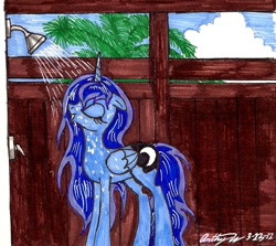 Size: 1095x978 | Tagged: safe, artist:newyorkx3, character:princess luna, eyes closed, female, shower, solo, traditional art, wet mane