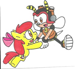 Size: 684x628 | Tagged: safe, artist:cmara, character:apple bloom, character:sonic the hedgehog, episode:crusaders of the lost mark, g4, my little pony: friendship is magic, charmy bee, crossover, cutie mark, sonic the hedgehog (series), the cmc's cutie marks, traditional art