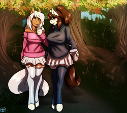 Size: 1635x1450 | Tagged: safe, artist:avante92, oc, oc only, oc:colette laitier, oc:sundae, species:anthro, species:earth pony, species:pony, species:unguligrade anthro, anthro oc, autumn, clothing, forest, smoothie, sweater, walking