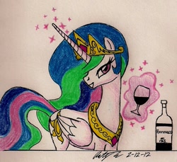 Size: 923x845 | Tagged: safe, artist:newyorkx3, character:princess celestia, alcohol, bottle, classy, female, glass, solo, traditional art, whiskey