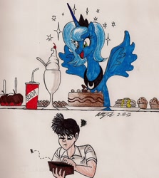 Size: 1240x1393 | Tagged: safe, artist:newyorkx3, character:princess luna, non-mlp oc, oc, oc:tommy, self insert, species:human, cake, candy apple (food), comic, cookie, food, ice cream, muffin, pancakes, s1 luna, soda, traditional art