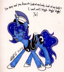 Size: 1133x1274 | Tagged: safe, artist:newyorkx3, character:princess luna, species:pony, butt shake, dancing, dialogue, helmet, lmfao, prince artemis, rule 63, sexy and i know it (lmfao), silly, silly pony, solo, traditional art