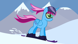Size: 11200x6400 | Tagged: safe, artist:parclytaxel, oc, oc only, oc:parcly taxel, species:alicorn, species:pony, .svg available, absurd resolution, alicorn oc, beanie, clothing, goggles, hat, mountain, mountain range, parcly in south korea, pyeongchang, skiing, skis, smiling, snow, solo, south korea, vector