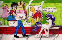 Size: 1456x955 | Tagged: safe, artist:newyorkx3, character:rarity, non-mlp oc, oc, oc:tommy, self insert, species:human, dialogue, shopping, traditional art