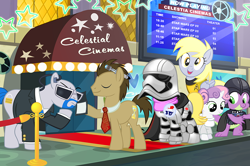 Size: 1000x663 | Tagged: safe, artist:pixelkitties, character:derpy hooves, character:doctor whooves, character:ms. harshwhinny, character:spike, character:sweetie belle, character:time turner, species:earth pony, species:pegasus, species:pony, captain phasma, cinema, clothing, costume, crossover, darth vader, eyes closed, lockdown, male, princess leia, psychic paper, sonic screwdriver, stallion, star trek, star wars, star wars: the force awakens, stormtrooper, the doctor