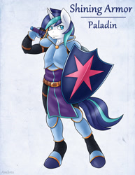 Size: 1275x1650 | Tagged: safe, artist:ambris, character:shining armor, species:anthro, species:pony, species:unguligrade anthro, species:unicorn, adventuring is magic, armor, colored pupils, fantasy class, knight, looking at you, male, paladin, shield, solo, sword, warrior, weapon