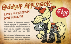 Size: 900x560 | Tagged: safe, artist:pixelkitties, character:apple bloom, character:applejack, applebot, fallout, fallout 3, giddyup buttercup, hatless, missing accessory, parody, robot, unamused