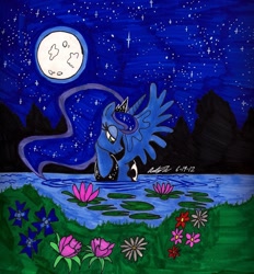 Size: 1618x1747 | Tagged: safe, artist:newyorkx3, character:princess luna, species:alicorn, species:pony, duck pony, female, flower, forest, full moon, lidded eyes, mare, moon, night, pond, sky, solo, spread wings, stars, swanluna, swimming, traditional art, wading, water, wings