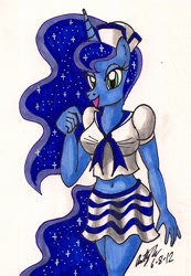 Size: 865x1252 | Tagged: safe, artist:newyorkx3, character:princess luna, species:anthro, belly button, female, sailor, solo, traditional art