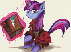 Size: 1024x745 | Tagged: safe, artist:jamescorck, character:twilight sparkle, book, brotherhood of steel, clothing, fallout, female, glowing horn, looking at you, scribe, solo