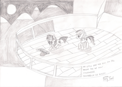 Size: 2337x1664 | Tagged: safe, artist:parclytaxel, character:rainbow dash, character:twilight sparkle, book, canterlot, grayscale, magic, monochrome, moon, mountain, mountain range, night, old, pencil drawing, prone, reading, telekinesis, traditional art