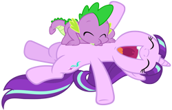 Size: 1548x990 | Tagged: safe, artist:luckreza8, artist:slb94, edit, character:spike, character:starlight glimmer, species:dragon, species:pony, species:unicorn, ship:sparlight, cute, eyes closed, female, glimmerbetes, hundreds of users filter this tag, kissing, love, lying down, male, mare, on back, open mouth, raspberry, shipping, simple background, spikabetes, straight, tickling, ticklish tummy, transparent background, tummy buzz, vector, vector edit