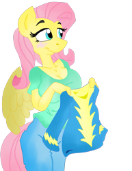 Size: 791x1024 | Tagged: safe, artist:krazykari, artist:trollie trollenberg, character:fluttershy, species:anthro, blushing, breasts, busty fluttershy, cleavage, colored, female, solo, wonderbolts uniform, wondershy
