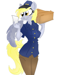 Size: 791x1024 | Tagged: safe, artist:krazykari, artist:trollie trollenberg, character:derpy hooves, species:anthro, clothing, female, mailmare, note, package, simple background, solo, uniform