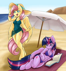Size: 1010x1094 | Tagged: safe, artist:ambris, character:fluttershy, character:twilight sparkle, character:twilight sparkle (alicorn), species:alicorn, species:anthro, species:pegasus, species:pony, species:unguligrade anthro, beach, beach umbrella, bikini, book, cleavage, clothing, colored pupils, cute, female, hat, midriff, one-piece swimsuit, open mouth, shyabetes, swimsuit, twiabetes, umbrella