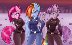Size: 1553x980 | Tagged: safe, artist:ambris, character:maud pie, character:pinkamena diane pie, character:pinkie pie, character:rainbow dash, species:anthro, species:earth pony, species:pegasus, episode:the cutie re-mark, g4, alternate timeline, apinkalypse pie, apocalypse dash, apocalypse maud, augmented, badass, colored pupils, crystal war timeline, female, hair over one eye, looking at you, mare, pie sisters, prosthetic limb, prosthetic wing, scar, scene interpretation, siblings, signature, sisters, trio