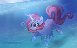 Size: 2500x1566 | Tagged: safe, artist:xwhitedreamsx, oc, oc only, oc:dawnfire, species:pony, species:unicorn, solo, swimming, underwater, water
