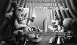 Size: 1250x731 | Tagged: safe, artist:jamescorck, oc, oc only, oc:movie slate, clothing, deep blue sea, hat, monochrome, monocle, monocle and top hat, pipe, shark, smoking, top hat