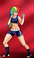 Size: 1000x1700 | Tagged: safe, artist:novaspark, character:rainbow dash, species:human, abs, belly button, clothing, female, fighter, human coloration, humanized, kickboxing, martial arts, midriff, shorts, solo, sports bra