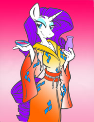 Size: 850x1100 | Tagged: safe, artist:ruger181, artist:trollie trollenberg, edit, character:rarity, species:anthro, alcohol, cleavage, clothing, color edit, colored, female, food, kimono (clothing), sake, smiling, solo