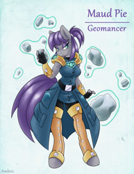 Size: 1275x1650 | Tagged: safe, artist:ambris, character:maud pie, species:anthro, species:earth pony, species:pony, species:unguligrade anthro, adventuring is magic, amulet, clothing, colored pupils, female, fingerless gloves, geomancer, gloves, levitation, lidded eyes, looking at you, magic, solo, telekinesis