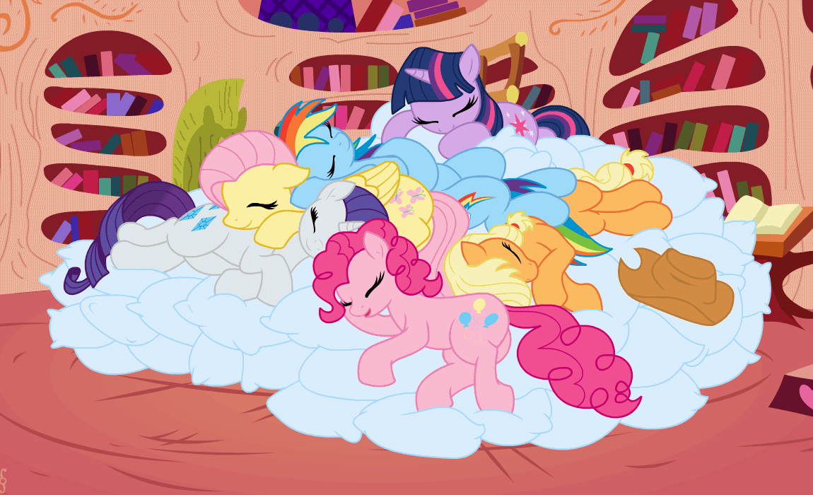 Size: 1150x700 | Tagged: safe, artist:kp-shadowsquirrel, character:applejack, character:fluttershy, character:pinkie pie, character:rainbow dash, character:rarity, character:twilight sparkle, species:earth pony, species:pegasus, species:pony, species:unicorn, animated, applejack's hat, breathing, clothing, cowboy hat, cuddling, cute, dashabetes, diapinkes, ear twitch, eyes closed, female, golden oaks library, hat, indoors, jackabetes, library, lying down, mane six, mare, on side, open mouth, pillow, pony pile, prone, raribetes, shyabetes, sleep pile, sleeping, smiling, snuggling, twiabetes
