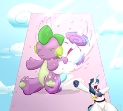 Size: 1562x1408 | Tagged: safe, artist:frist44, character:princess flurry heart, character:shining armor, character:spike, species:alicorn, species:pony, species:unicorn, armor, baby, baby pony, crossover, cute, eyes closed, female, fluffy, flurrybetes, fullmetal alchemist, glasses, hoof hold, hug, maes hughes, male, microphone, open mouth, plushie, pointing, semi-anthro, smiling, spike plushie, stallion, underhoof