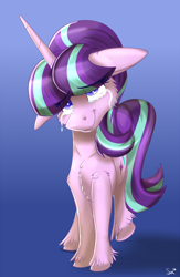 Size: 1000x1536 | Tagged: safe, artist:sintakhra, character:starlight glimmer, species:pony, species:unicorn, cheek fluff, chest fluff, crying, female, floppy ears, fluffy, gradient background, looking at you, mare, shoulder fluff, solo, tears of joy, unshorn fetlocks