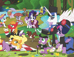 Size: 900x695 | Tagged: safe, artist:pixelkitties, character:applejack, character:big mcintosh, character:coco pommel, character:mr. waddle, character:princess celestia, character:rarity, character:spike, character:sweetie belle, character:tree hugger, character:twilight sparkle, character:twilight sparkle (alicorn), character:winona, species:alicorn, species:pony, a sunday afternoon on the island of la grande jatte, alternate hairstyle, applejewel, brony thank you fund, calendar, cane, clothing, female, fine art parody, georges seurat, hat, mare, pointillism, royal guard, top hat, umbrella