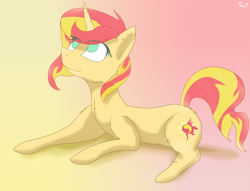 Size: 1500x1147 | Tagged: safe, artist:sintakhra, character:sunset shimmer, species:pony, species:unicorn, cat, catified, female, gradient background, prone, solo, species swap