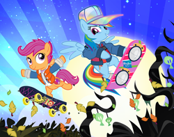 Size: 1000x786 | Tagged: safe, artist:pixelkitties, character:rainbow dash, character:scootaloo, species:pegasus, species:pony, back to the future, back to the future part 2, clothing, costume, crossdressing, crossover, hasbro logo, hoverboard, marty mcfly, nightmare night, nightmare night costume, skateboard