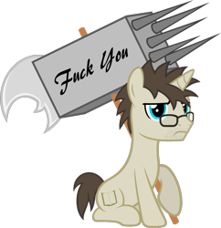 Size: 1128x1166 | Tagged: safe, artist:zacatron94, oc, oc only, oc:blank novel, species:pony, species:unicorn, banhammer, frown, hammer, looking at you, simple background, sitting, solo, spiked, transparent background, unamused, vector, vulgar, war hammer, weapon